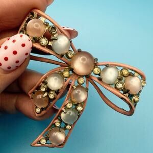 Vintage Pot‑Metal Bow Brooch • Faux Moonstones • Matte Pink • 2.75”